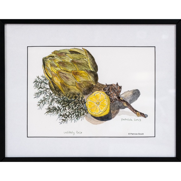 Unlikely Trio, framed watercolor on paper